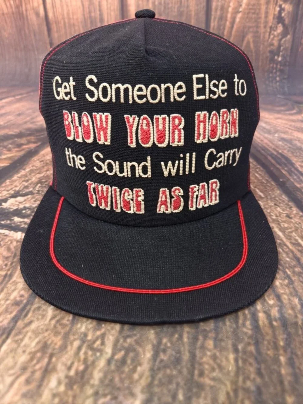 VTG 3 Stripe Trucker Hat Funny Comedy Blow Your Horn Mesh Cap 1980s USA Made